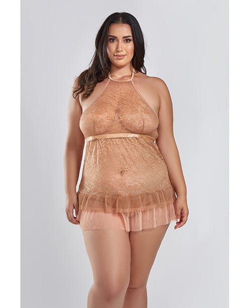 Amber Halter Lace Babydoll W/tiered Pleated Mesh Skirt Hem & G-string Brown 1x Lingerie - Plus/queen - Hanging