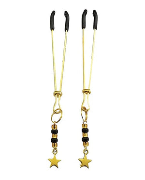 Bijoux de Nip Tweezer Nipple Clamp w/Black & Gold Beads w/Star - Gold Bondage Blindfolds & Restraints