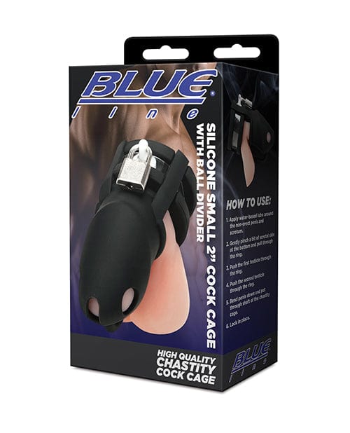 Blue Line 2" Silicone Cock Cage w/Ball Divider Small Black Bondage Blindfolds & Restraints