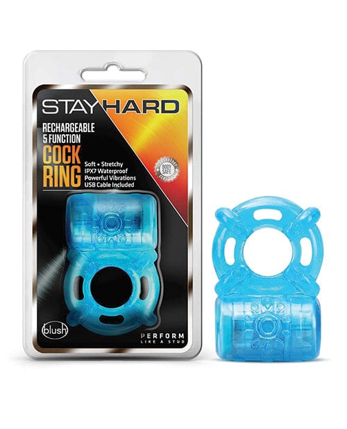 Blush Stay Hard Rechargeable 5 Function Cock Ring- Blue Penis Enhancement