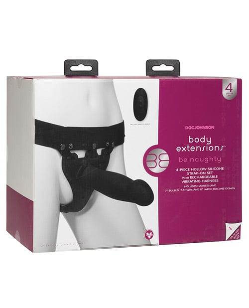 Body Extensions Be Naughty Vibrating 4 Piece Strap On Set - Black Strap Ons