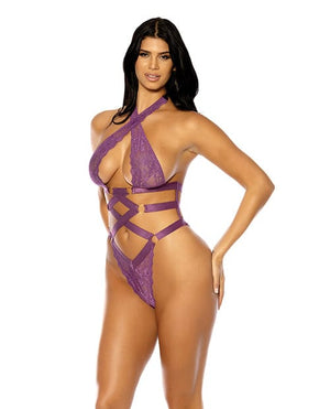 Camille Lace Halter Teddy with Lace Up Details - Purple Lingerie
