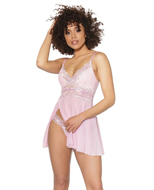 Crystal Pink Babydoll W/lightly Padded Cups & Thong Pink/silver Lingerie