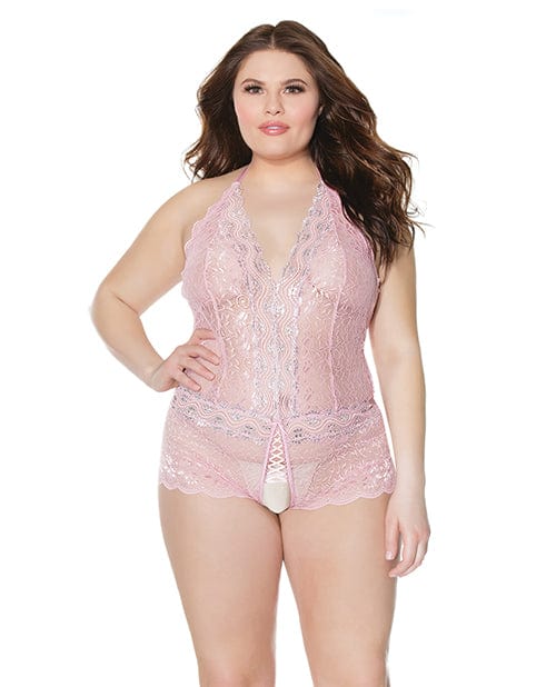 Crystal Pink Halter Crotchless Teddy Pink/Silver OS/XL Lingerie - Plus/queen - Hanging
