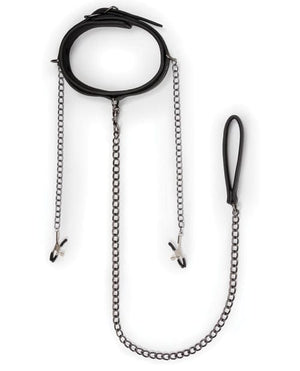 Easy Toys Faux Leather Collar w/Nipple Chains - Black Bondage Blindfolds & Restraints