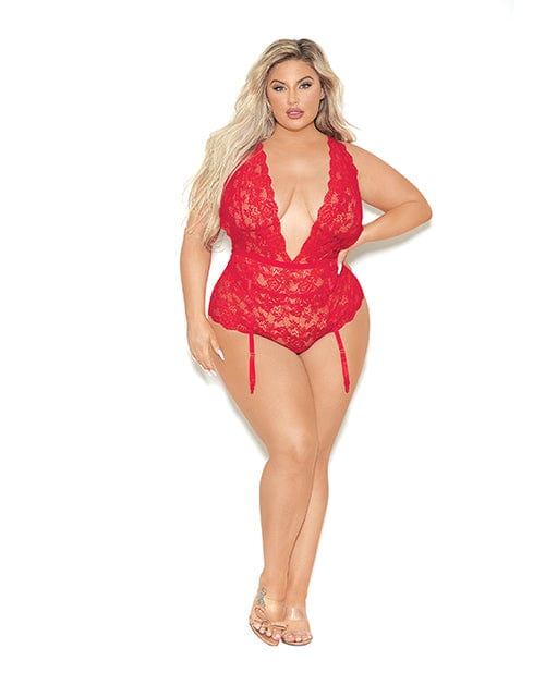 Euphoria Deep V Lace Teddiette w/Open Crotch & Butt Red QN Lingerie - Plus/queen - Packaged