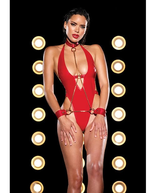 Fetish Submissive V-plunge Vinyl Teddy W/removable Chain Harness & Hand Cuff Black Red / Large/Extra Large Lingerie