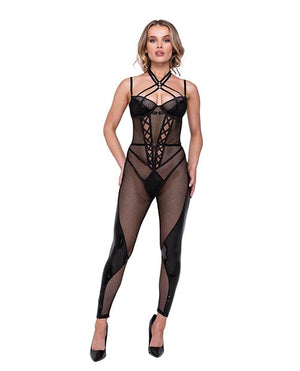 Flirty Fetish Fishnet & Faux Leather Catsuit W/satin Trim Black Large Lingerie