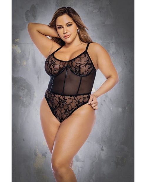 Floral Lace & Mesh Underwire Bodysuit W/lace Up Back Black 1x/2x Lingerie - Plus/queen - Packaged