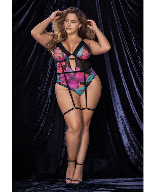 Flower Print Mesh Underwire Teddy W/detachable Garter Straps Multi Color 1x/2x Lingerie - Plus/queen - Packaged