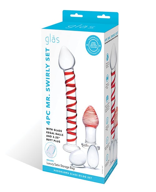 Glas 4 pc Mr. Swirly Set w/Glass Kegel Balls & 3.25" Butt Plug - Red Dongs & Dildos