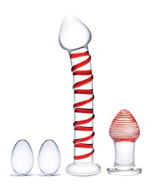 Glas 4 pc Mr. Swirly Set w/Glass Kegel Balls & 3.25" Butt Plug - Red Dongs & Dildos