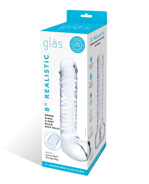 Glas 8" Realistic Ribbed Glass G-Spot Dildo w/Balls - Clear Dongs & Dildos