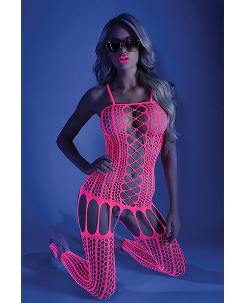 Glow Black Light Criss Cross Paneled Bodystocking Neon Pink O/S Lingerie