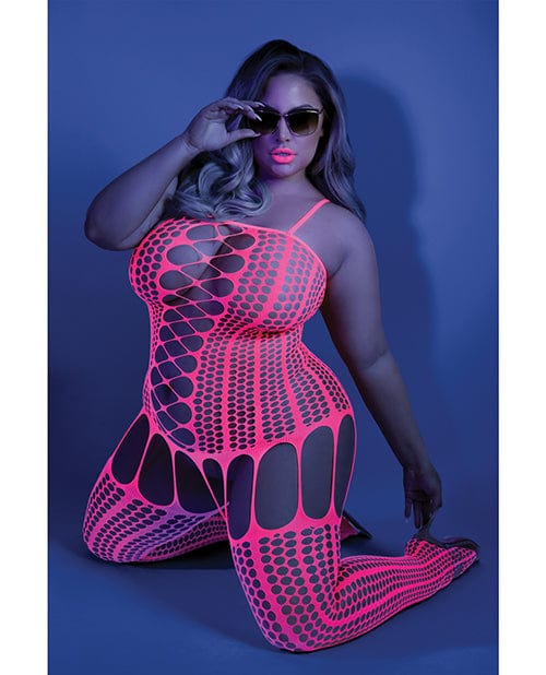 Glow Black Light Criss Cross Paneled Bodystocking Neon Pink QN Lingerie - Plus/queen - Packaged