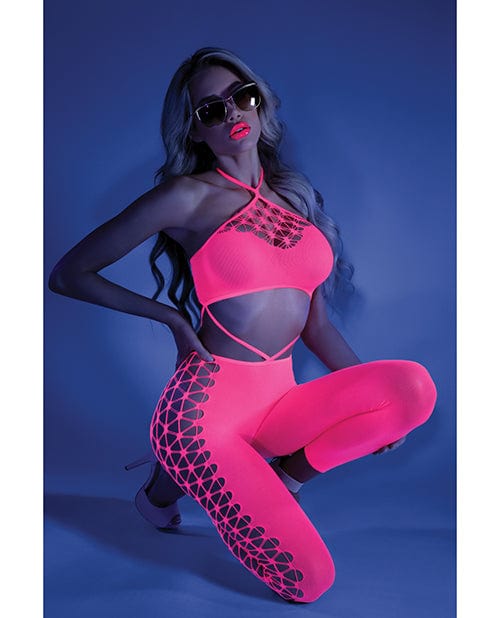 Glow Black Light Cropped Cutout Halter Bodystocking Neon Pink O/S Lingerie