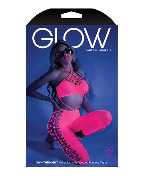 Glow Black Light Cropped Cutout Halter Bodystocking Neon Pink O/S Lingerie