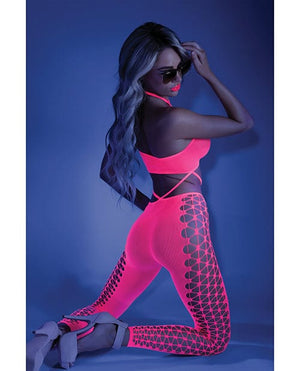 Glow Black Light Cropped Cutout Halter Bodystocking Neon Pink O/S Lingerie