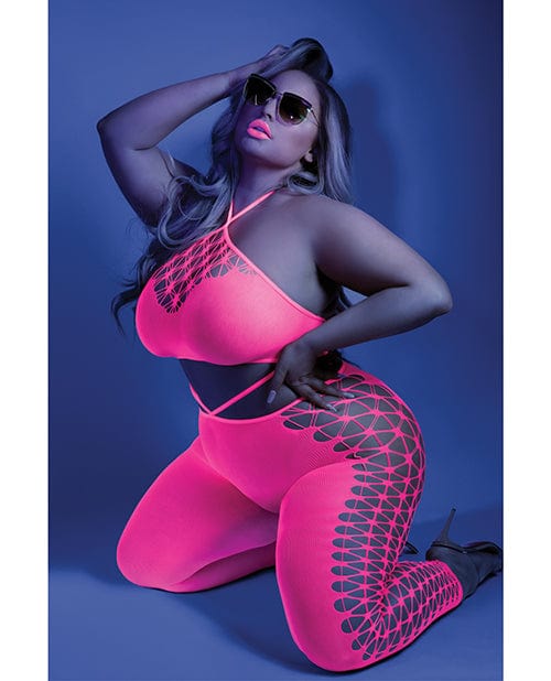 Glow Black Light Cropped Cutout Halter Bodystocking Neon Pink QN Lingerie - Plus/queen - Packaged