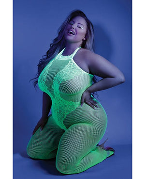 Glow Black Light Crotchless Bodystocking Neon Green QN Lingerie - Plus/queen - Packaged