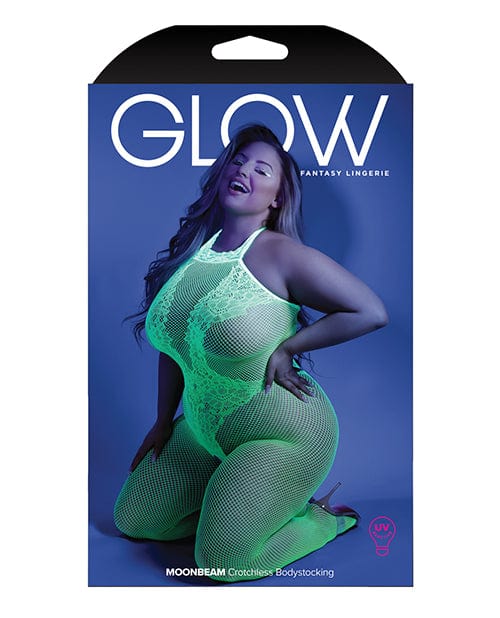 Glow Black Light Crotchless Bodystocking Neon Green QN Lingerie - Plus/queen - Packaged