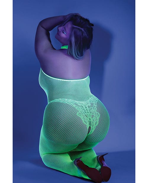 Glow Black Light Crotchless Bodystocking Neon Green QN Lingerie - Plus/queen - Packaged