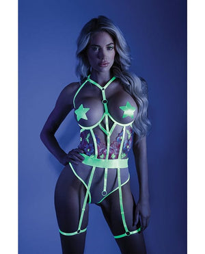 Glow Black Light Embroidered Cupless Garter Teddy (pasties Not Included) Neon Chartreuse Large/Extra Large Lingerie