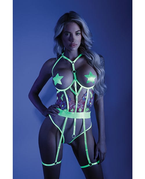 Glow Black Light Embroidered Cupless Garter Teddy (pasties Not Included) Neon Chartreuse Large/Extra Large Lingerie