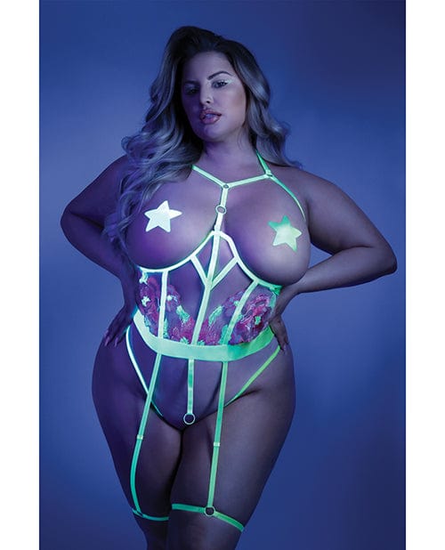 Glow Black Light Embroidered Cupless Garter Teddy (Pasties Not Included) Neon Chartreuse QN Lingerie - Plus/queen - Packaged