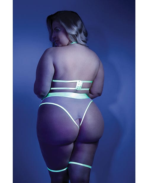 Glow Black Light Embroidered Cupless Garter Teddy (Pasties Not Included) Neon Chartreuse QN Lingerie - Plus/queen - Packaged