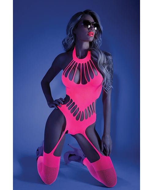 Glow Black Light Footless Teddy Bodystocking Neon Pink O/S Lingerie