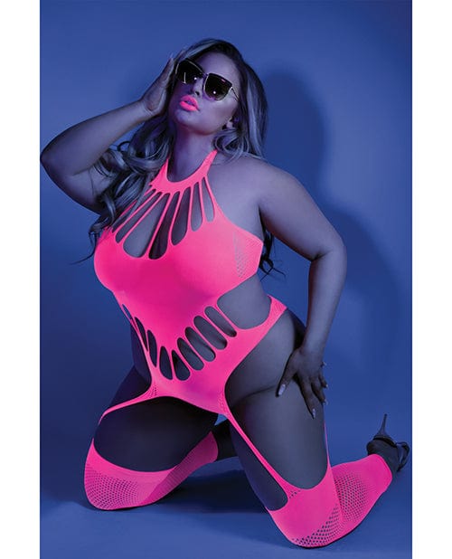 Glow Black Light Footless Teddy Bodystocking Neon Pink QN Lingerie - Plus/queen - Packaged