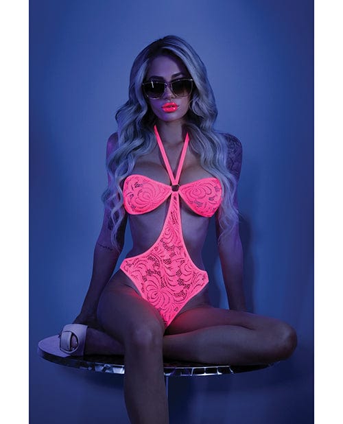Glow Black Light Halter Bodysuit W/open Sides Neon Pink Large/Extra Large Lingerie