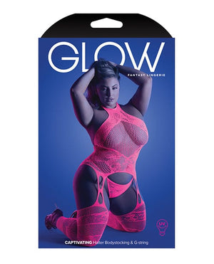 Glow Captivating Halter Bodystocking & G-string Neon Pink Lingerie - Plus/queen - Packaged