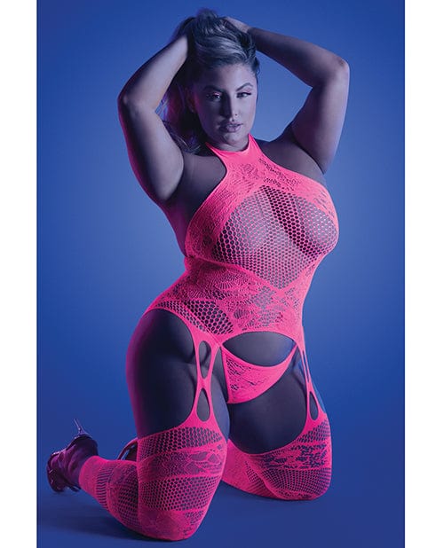 Glow Captivating Halter Bodystocking & G-string Neon Pink Queen Lingerie - Plus/queen - Packaged