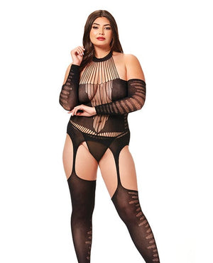 Halter Body Stocking Jumpsuit Qn Black Lingerie - Plus/queen - Packaged