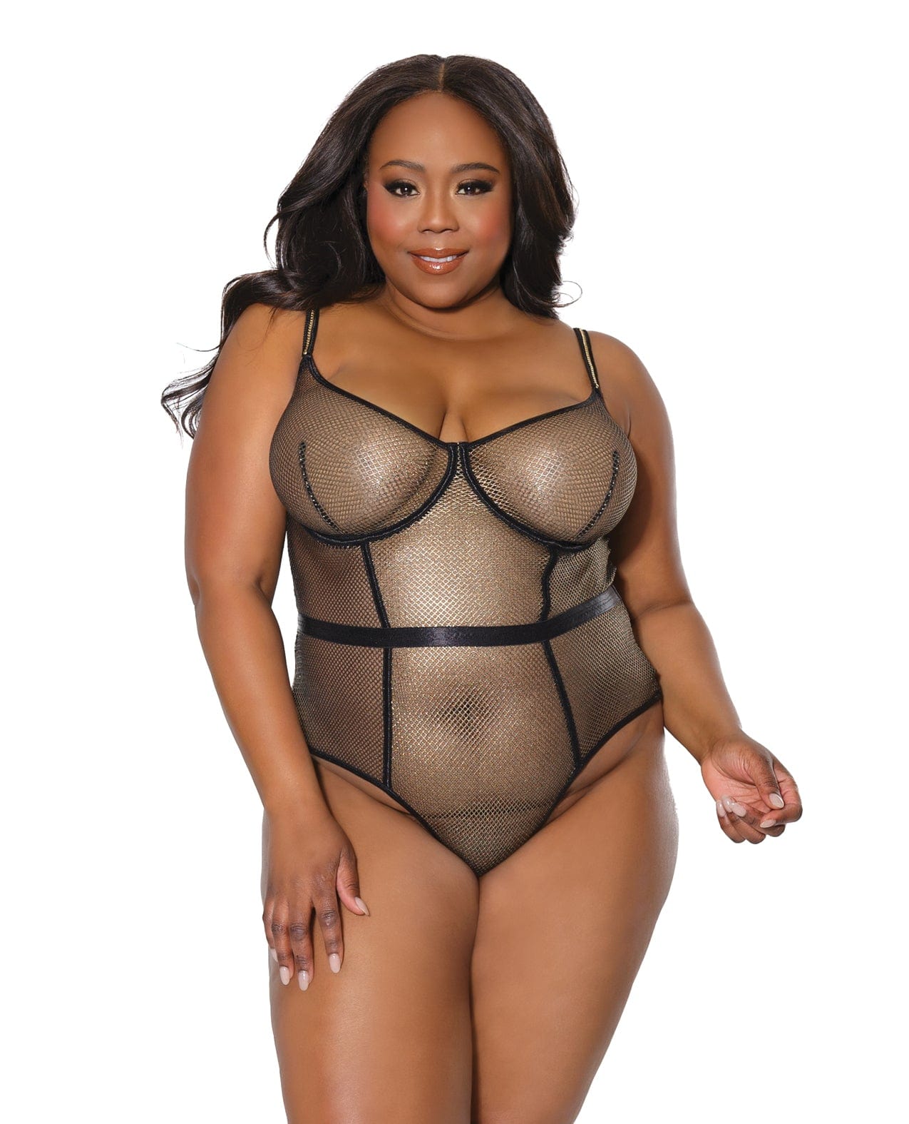 Holiday Metallic Fishnet Teddy w/Underwire Cups Black/Gold 1X/2X Lingerie - Plus/queen - Hanging