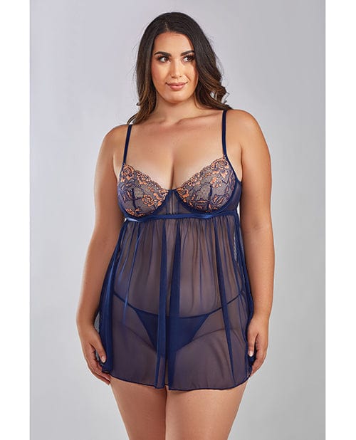 Jennie Cross Dyed Galloon Lace & Mesh Babydoll Navy 1x Lingerie - Plus/queen - Hanging