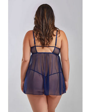 Jennie Cross Dyed Galloon Lace & Mesh Babydoll Navy Lingerie - Plus/queen - Hanging