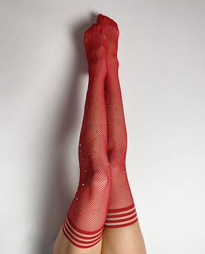 Kix'ies Joely Fishnet Rhinestone Thigh High Red A Lingerie