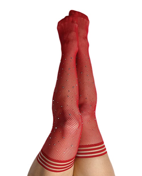 Kix'ies Joely Fishnet Rhinestone Thigh High Red D Lingerie - Plus/queen - Packaged