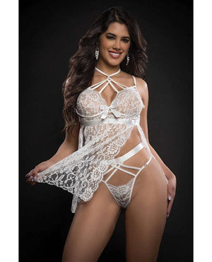 Lace Halter Babydoll W/high Waist Strappy Panty O/s White Lingerie