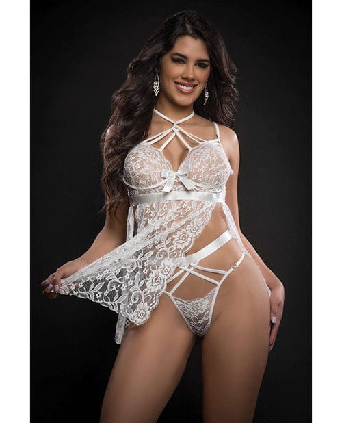 Lace Halter Babydoll W/high Waist Strappy Panty O/s White Lingerie