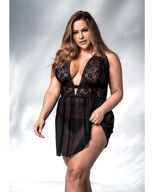 Lace & Mesh Babydoll & G-string Black 1x/2x Lingerie - Plus/queen - Packaged
