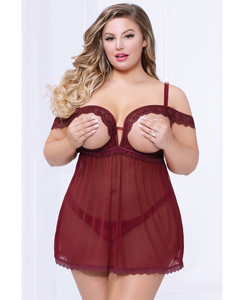 Lace & Mesh Open Cups Babydoll W/fly Away Back & Panty Wine XL/2XL Lingerie - Plus/queen - Hanging