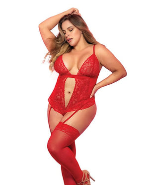 Lace & Mesh Teddy W/hook & Eye Crotch Closure W/attached Garter Straps Red 2x/3x Lingerie - Plus/queen - Packaged