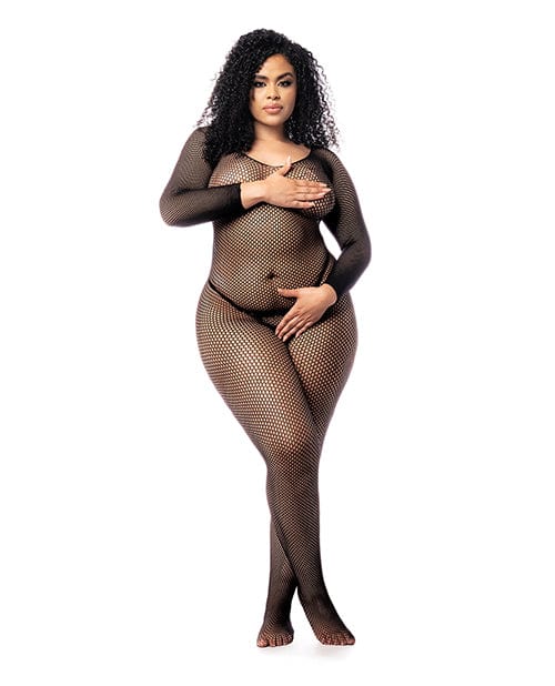 Long Sleeved All Over Fishnet Body Stocking Black Lingerie - Plus/queen - Packaged