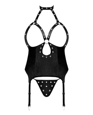 Lust Mistress Cupless Corset W/velcro Choker Collar, Metal Garters & G-string Black Lingerie