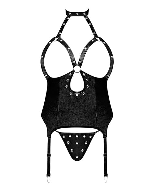 Lust Mistress Cupless Corset W/velcro Choker Collar, Metal Garters & G-string Black Lingerie