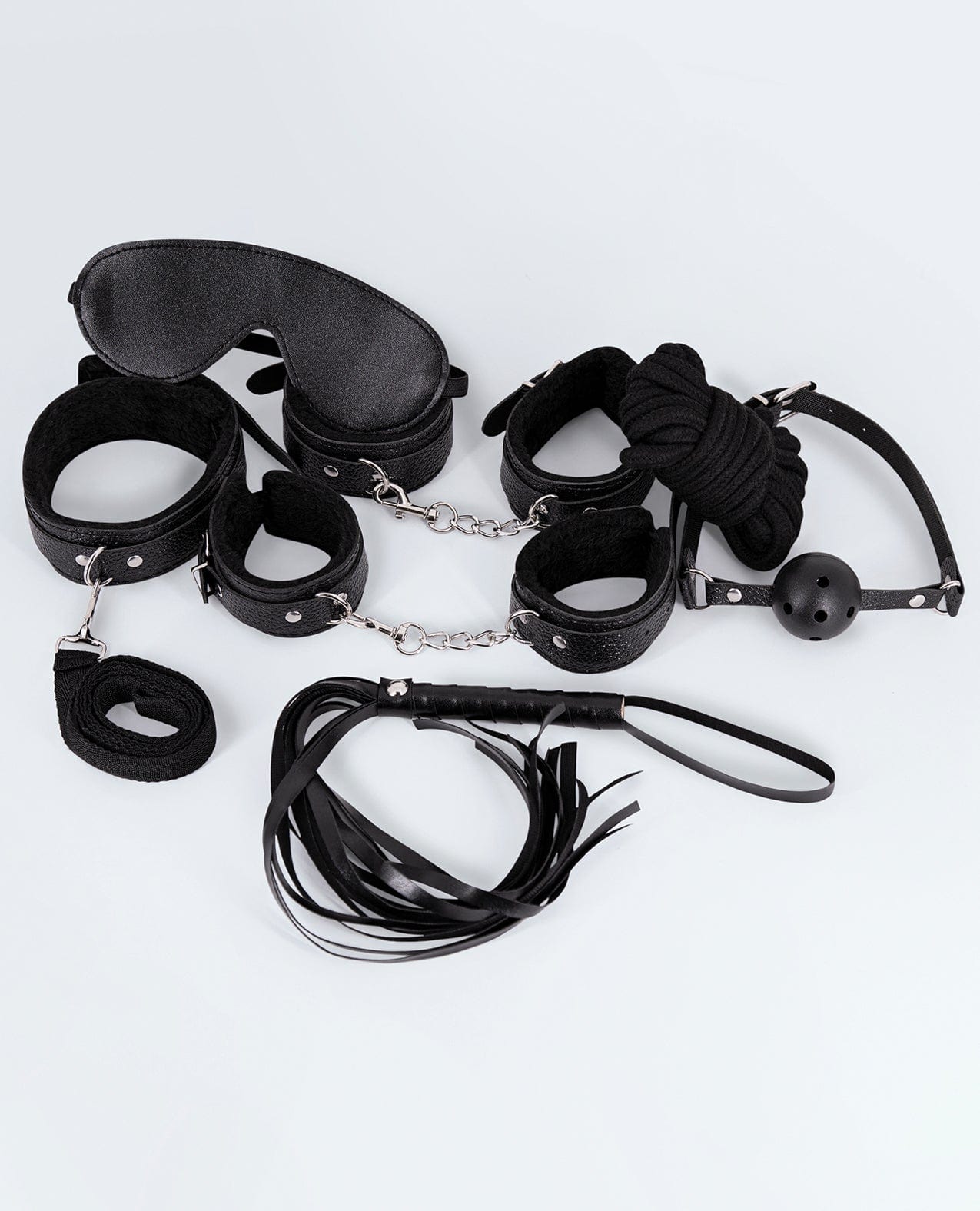 Lust PU Leather 7 Pack Lite Bondage Set - Black Bondage Blindfolds & Restraints